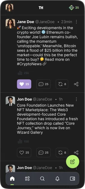 FinHub mobile feed, violet compose button