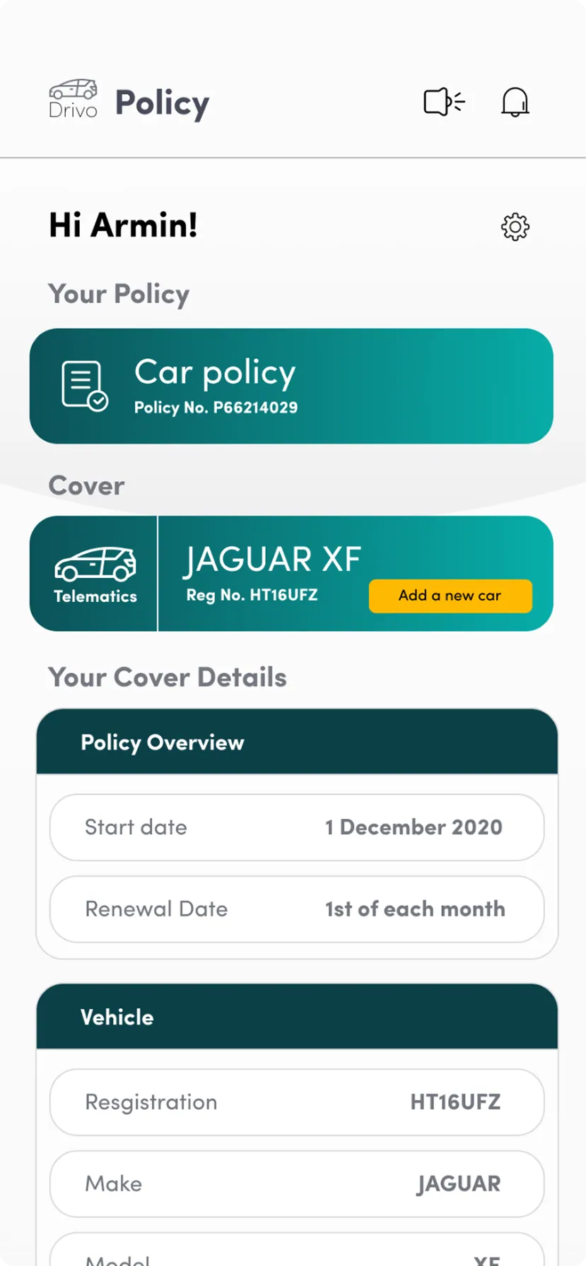 Drivo policy screen