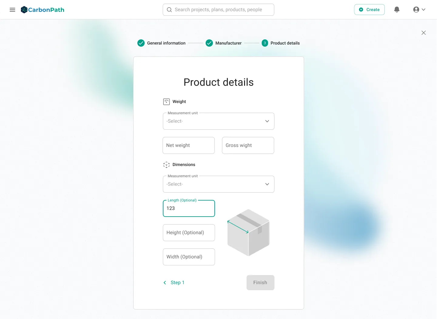 Product details step of the create-product flow