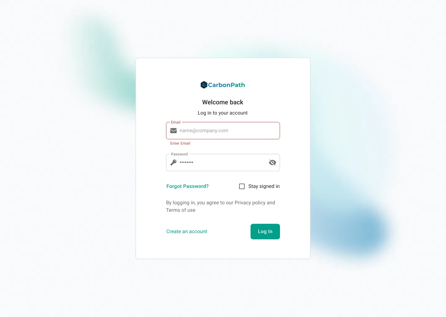CarbonPath log in screen with inline validation