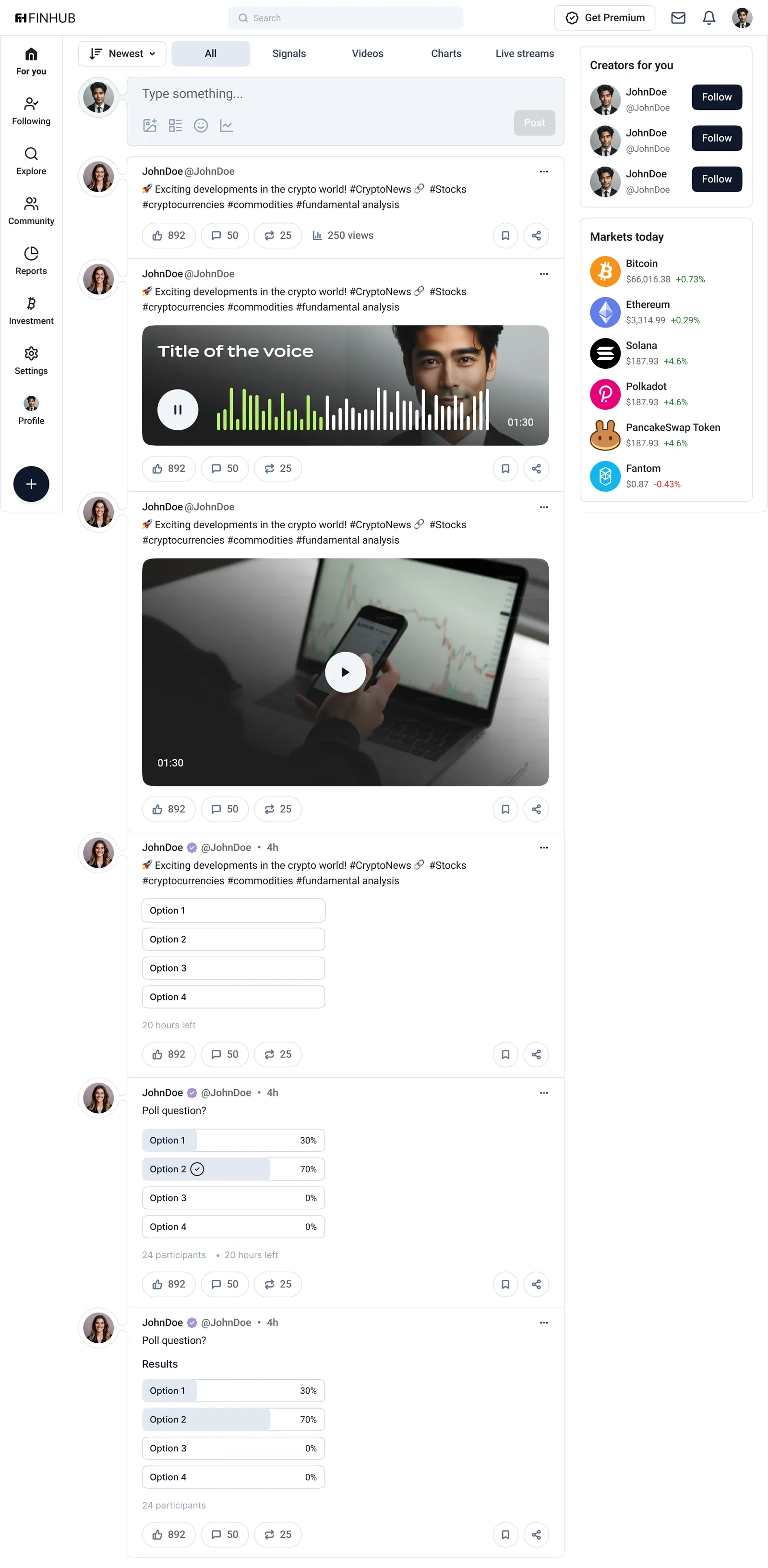FinHub feed showing text, voice, video and poll cards