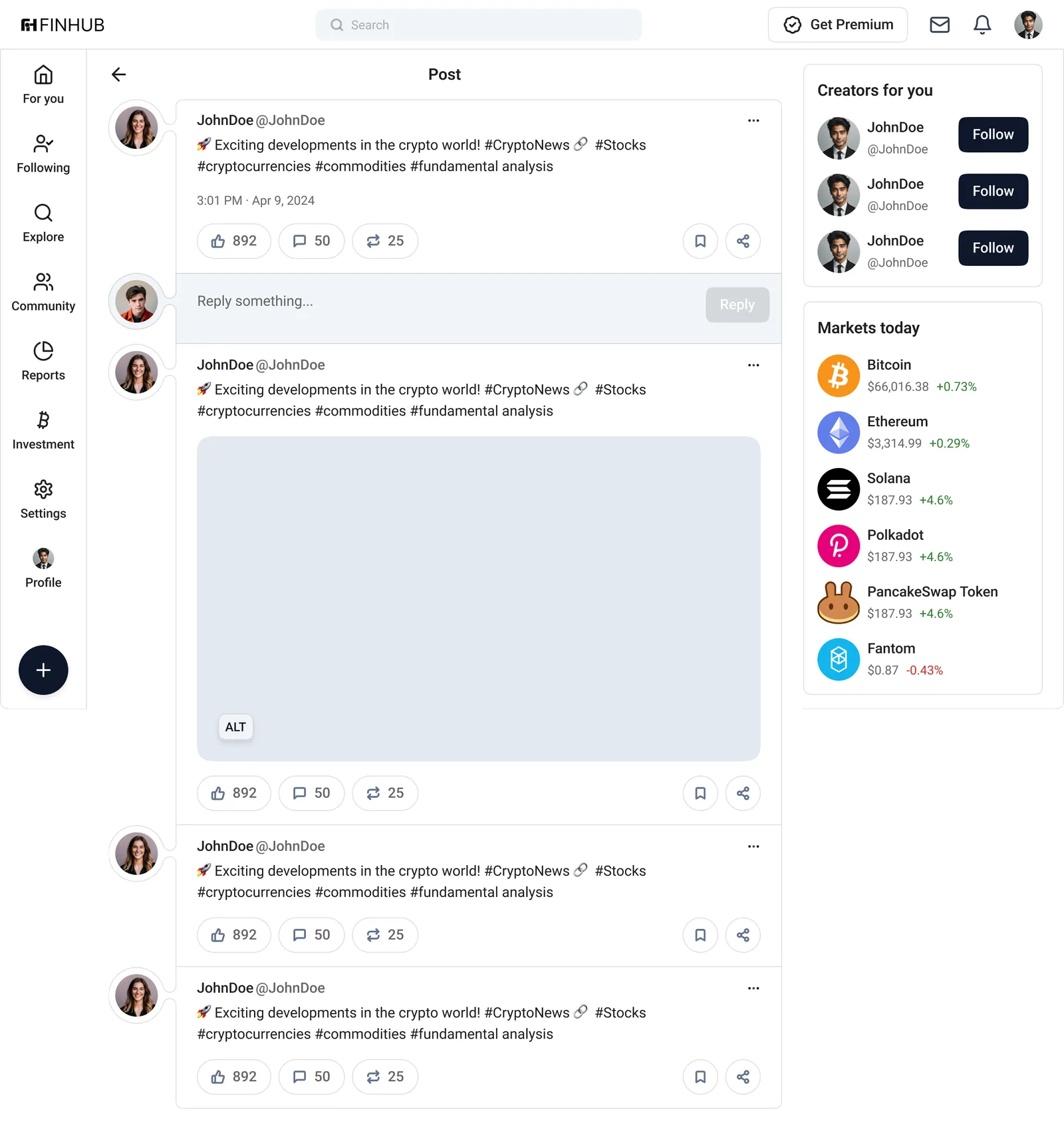 FinHub post detail with reply composer and thread