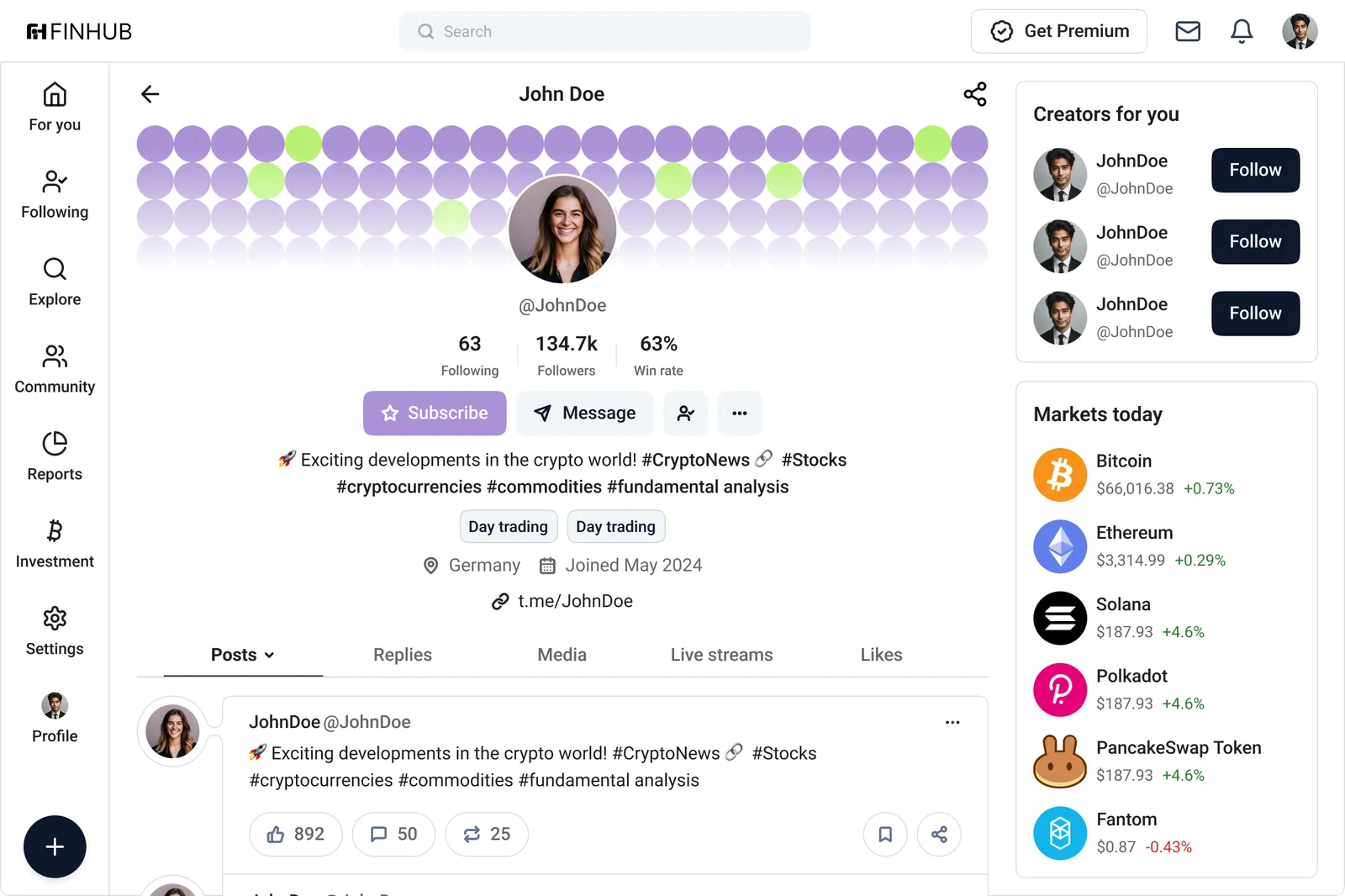 FinHub profile with follower count and win rate