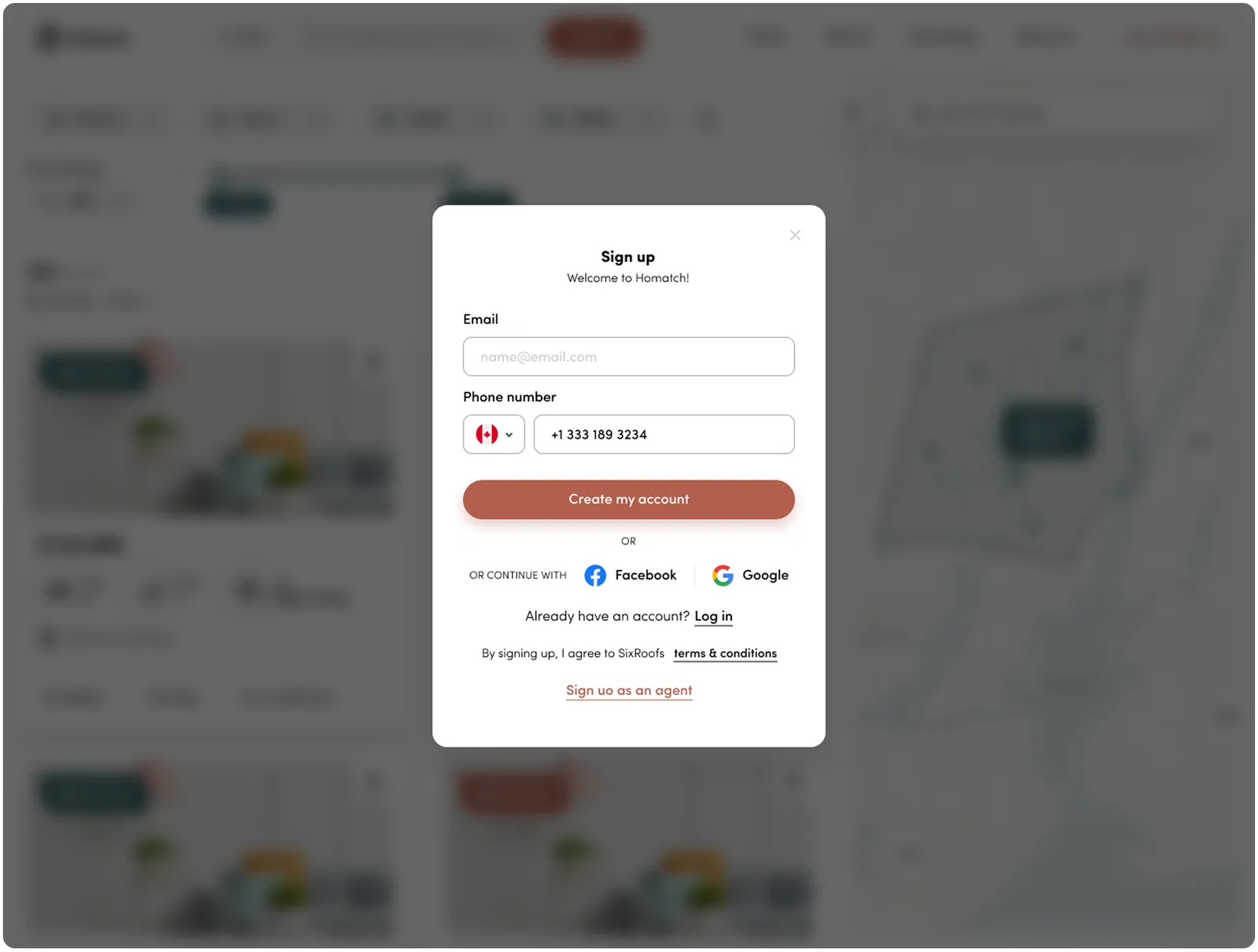 SixRoofs sign up modal