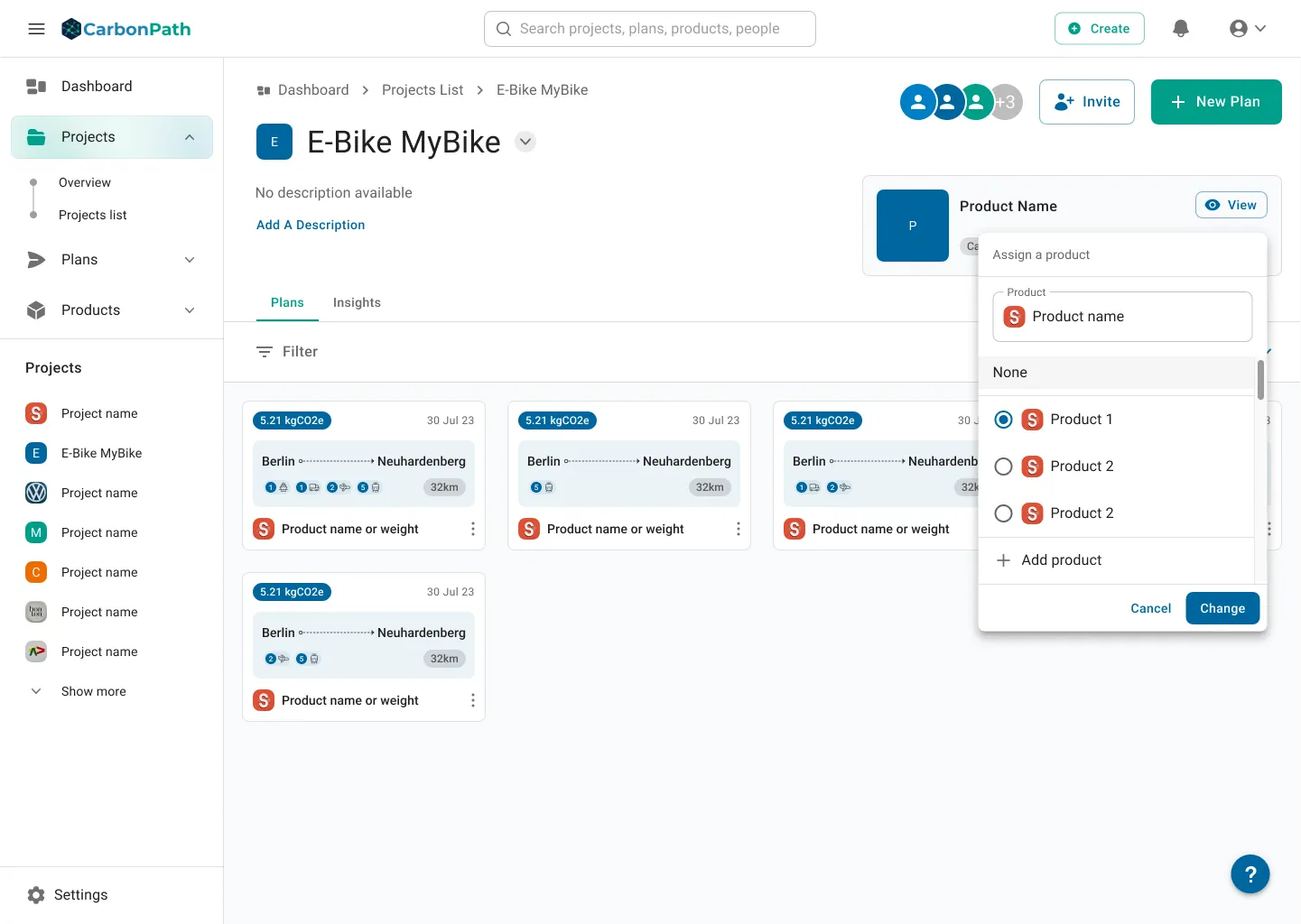 Project view with plans and the assign-a-product dialog