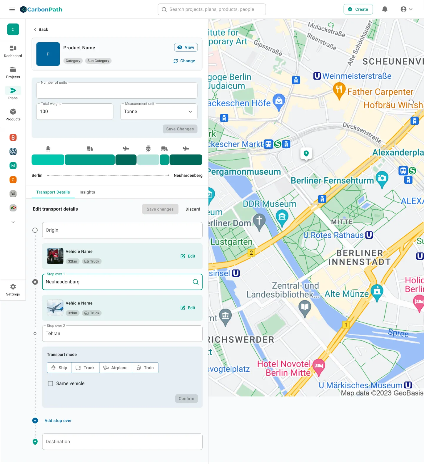 Editing transport details with stopovers alongside the map