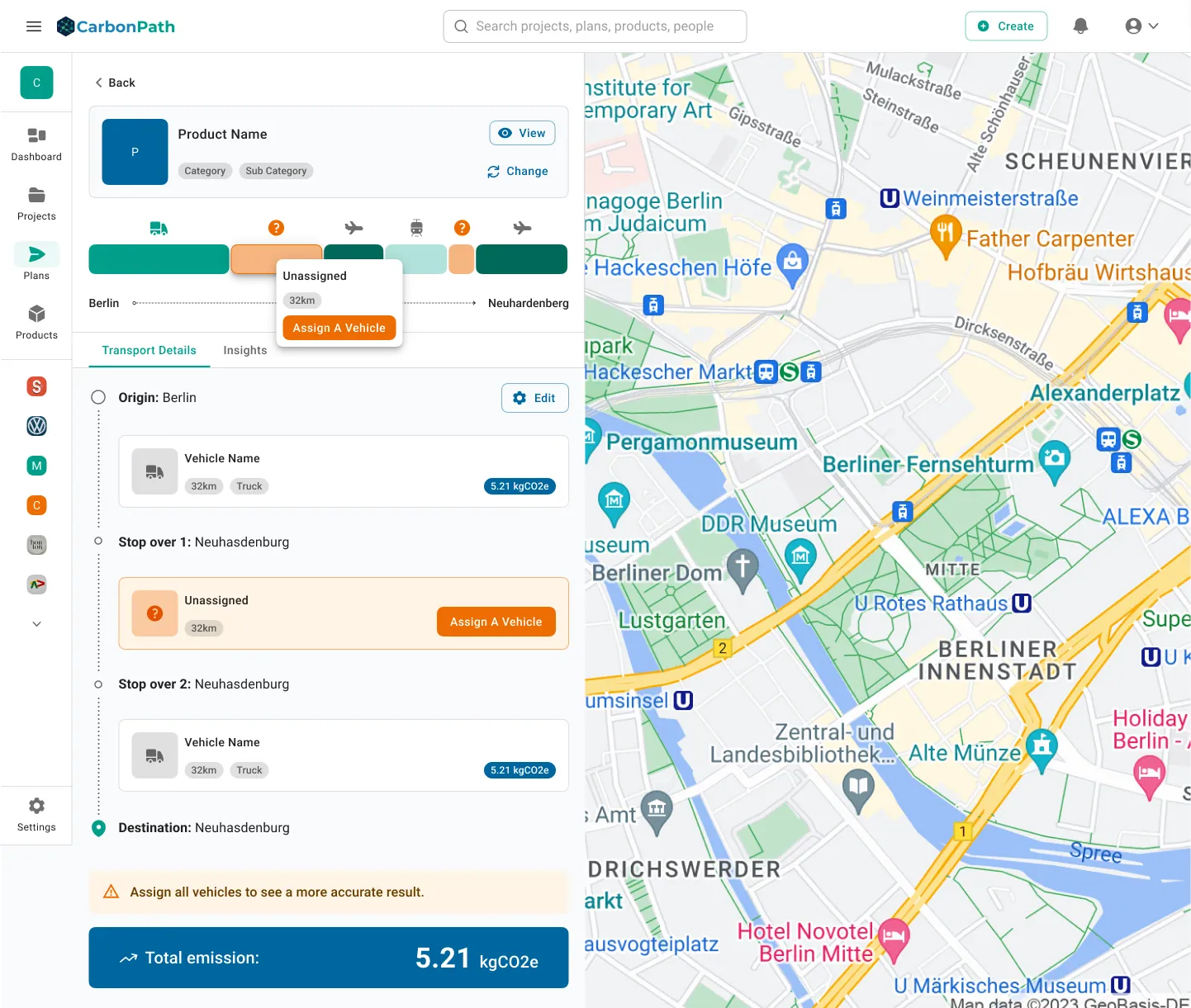 Plan transport details with an unassigned vehicle flagged in amber