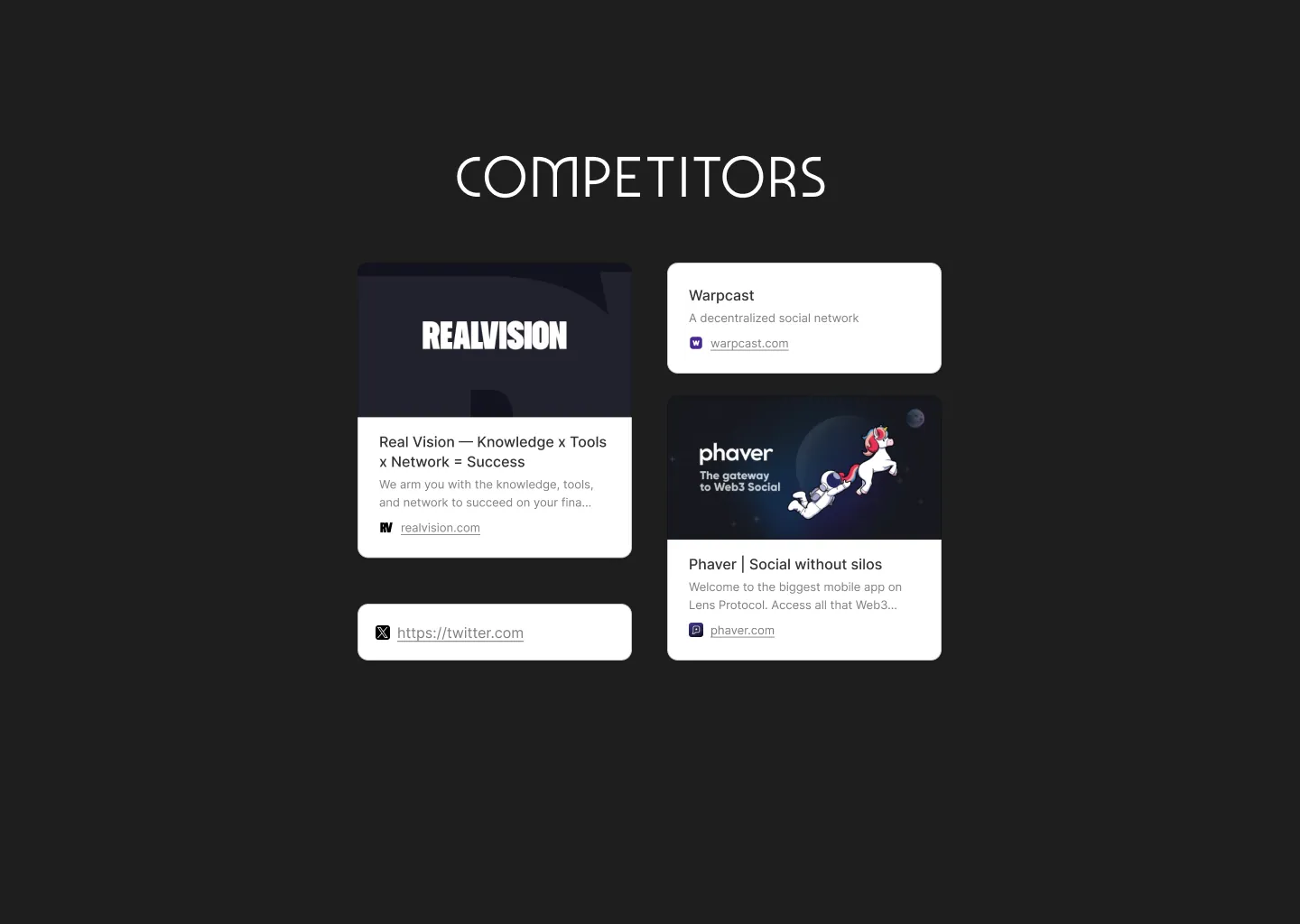 Competitor set: decentralised social, Web3 mobile app, research platform