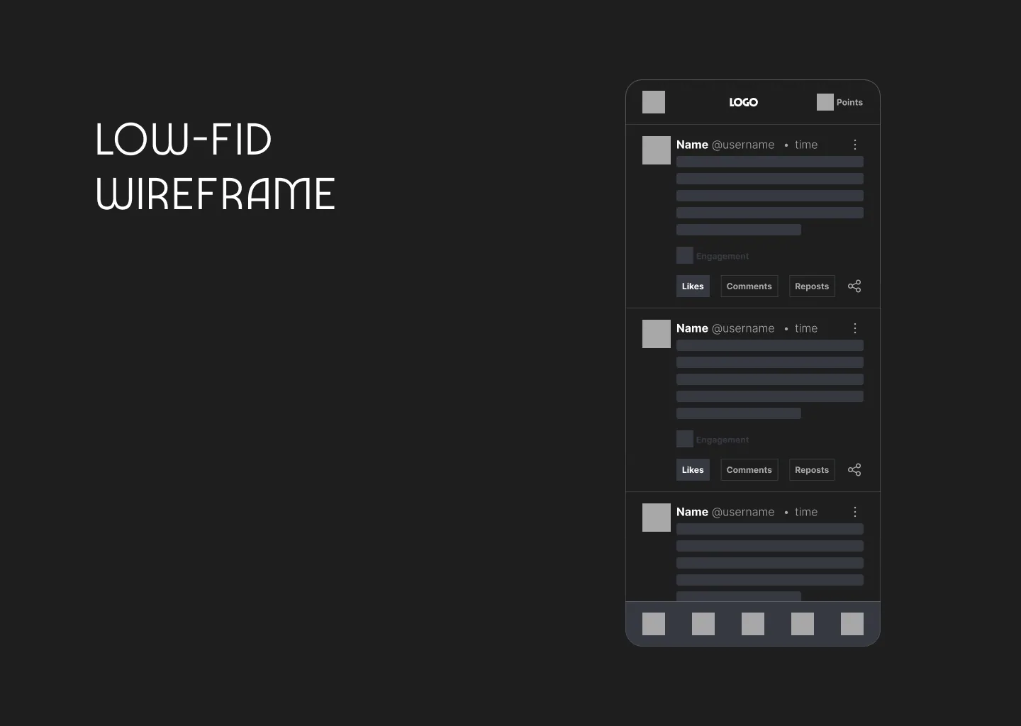 Low-fidelity wireframe of the mobile feed