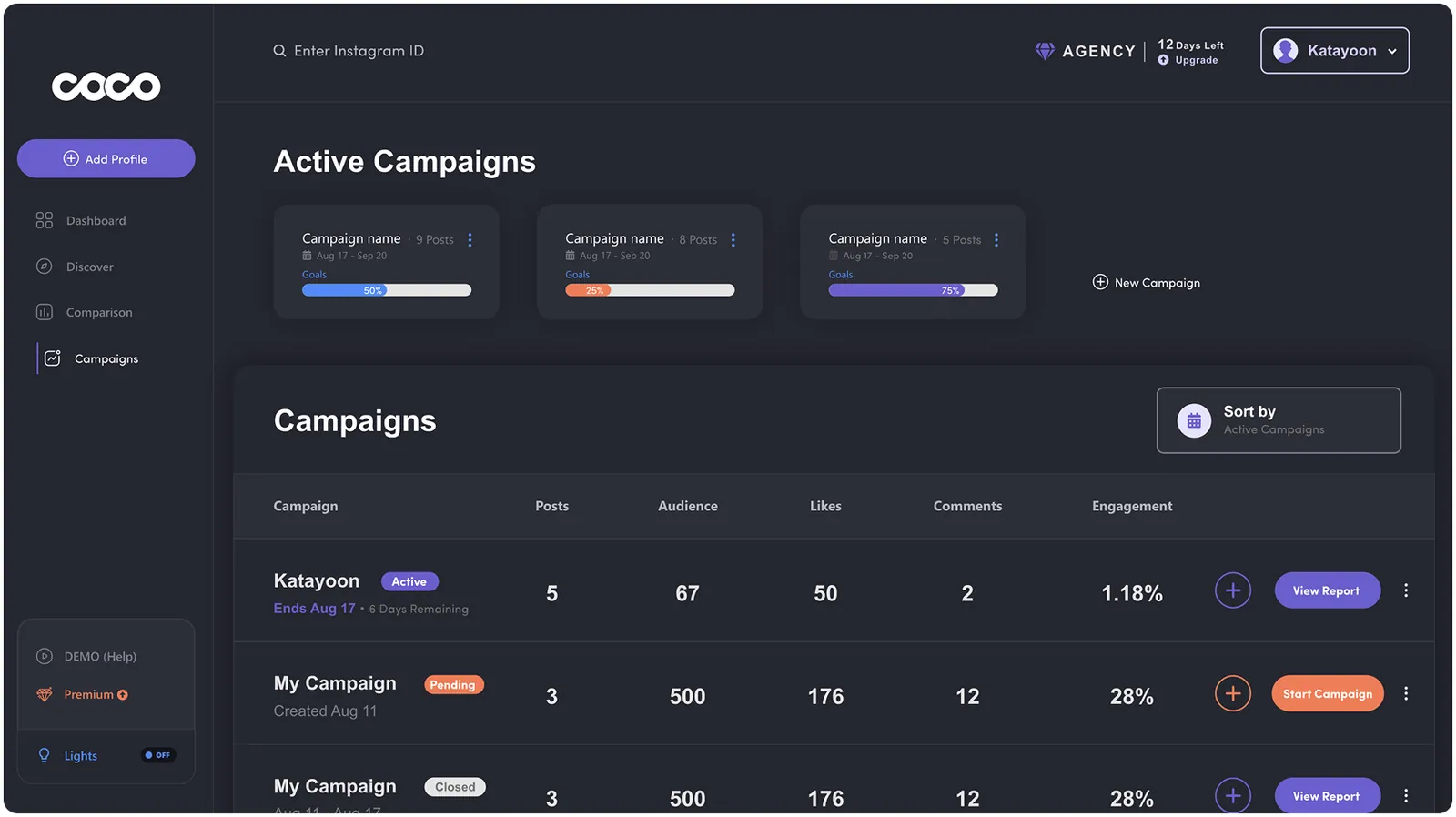 Coco campaigns list, dark theme